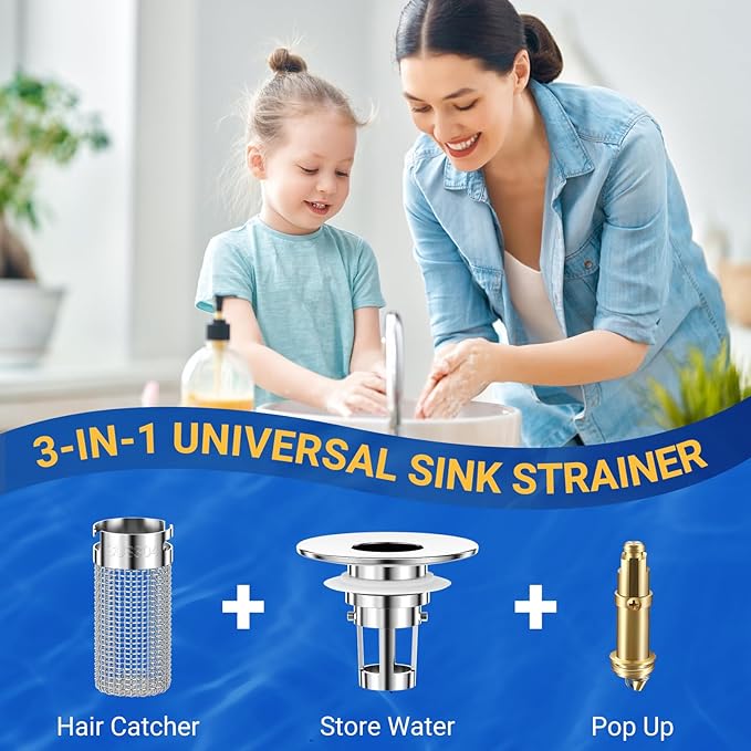 2PCS Bathroom Sink Stopper Strainer, Pop-Up Bathroom Sink Drain Strainer with Removable Stainless Steel Hair Catcher Basket, Universal Fit for US Bathroom Sinks, Bathtubs, Showers & Floor Drains