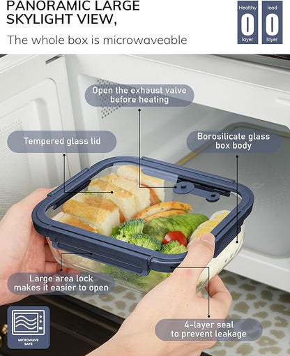 5-Pack Borosilicate Glass Containers with Tempered Lids, 35.2oz/4.4 Cup Airtight Meal Prep Set, Microwave/Freezer Safe (Blue)