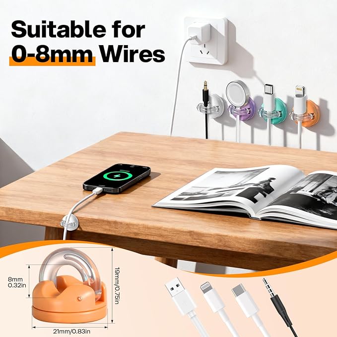 8 Pack 360° Rotatable Magnetic Cable Clips, Adhesive Cord Holder Organizer, Under Desk Cable Management, Wire Keeper for Home Office Car Wall Desktop Nightstand(Black)