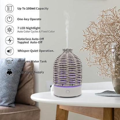 Essential Oil Diffuser - Multifunction Aromatherapy Diffuser 7 LED Color Changing Light 100ML Rattan Diffuser Easy to Clean Suitable for Home,Office (Grey)
