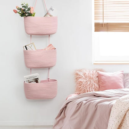 TeoKJ Over the Door Hanging Basket, 3-Tier Woven Cotton Wall-Mounted Storage Organizer Bag Decorative Hanging Nursery Baskets, Pink
