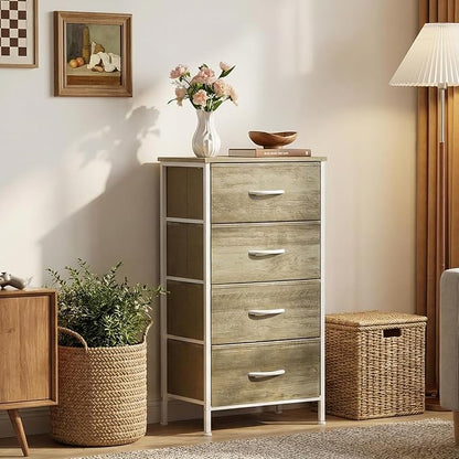 Sweetcrispy 4-Drawer Fabric Dresser Storage Tower Nightstand Chest | Small bedroom dresser and nightstand with sturdy frame,Perfect for closet,entryway,dorm,Easy assembly,Oak Greige