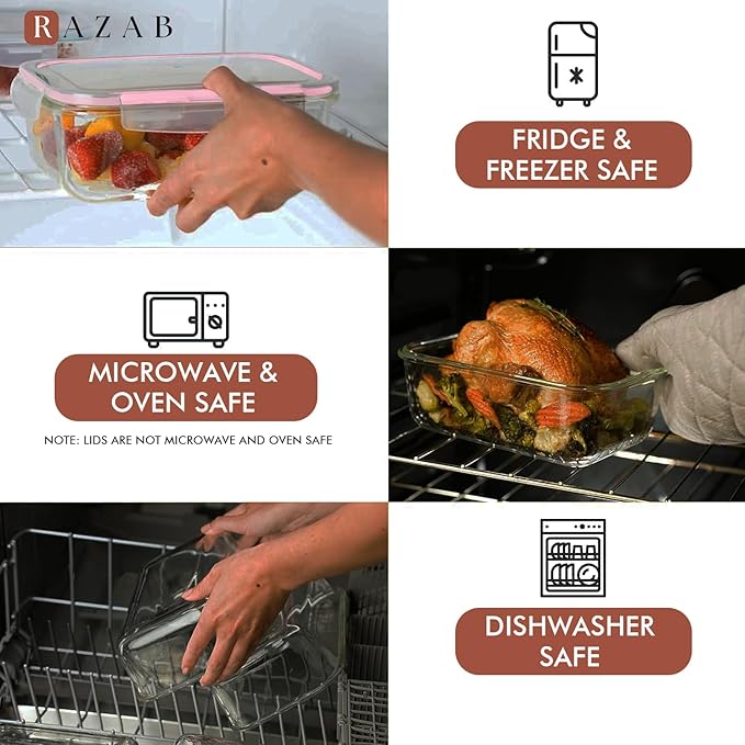 Razab 1860ml / 63 Oz (Pack of 02) Large Glass Food Storage Containers with Airtight Lids, Ideal for Baking, Storing Food, Vegetables & Fruits, BPA Free & Leakproof - Microwave, Oven Safe