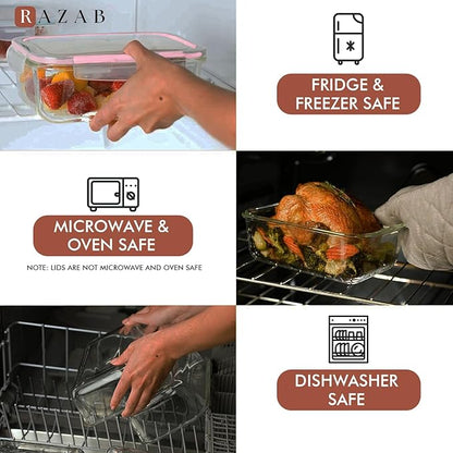 Razab 1860ml / 63 Oz (Pack of 02) Large Glass Food Storage Containers with Airtight Lids, Ideal for Baking, Storing Food, Vegetables & Fruits, BPA Free & Leakproof - Microwave, Oven Safe