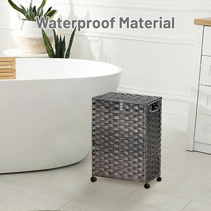 Toilet Paper Storage Basket with Lid and Wheels, Rattan Toilet Paper Holder Storage, Toilet Paper Organizer for Bathroom, Bedroom, Kitchen, 12.6”L x 7.1”W x 17.14”H, Grey