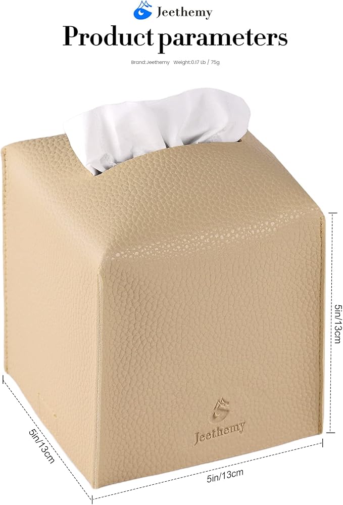 Tissue Box Cover, Jeethemy Square PU Leather Tissue Box Holder, Modern Tissue Case Facial Paper Organizer Dispenser，5X5X5'',Double Beige