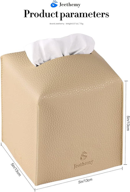 Tissue Box Cover, Jeethemy Square PU Leather Tissue Box Holder, Modern Tissue Case Facial Paper Organizer Dispenser，5X5X5'',Three Beige