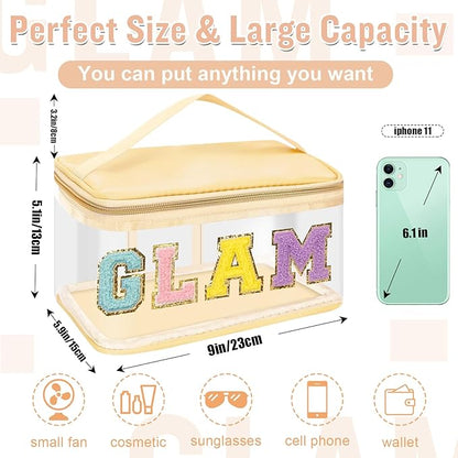 Chenille Letter Clear Makeup Bags Glam Pouch, Preppy Patch Makeup Bag Zipper with Handle, Transparent PVC & Nylon Waterproof Glitter Cosmetic Handbag Travel Toiletry Storage for Women Girl(GLAM-Beige)