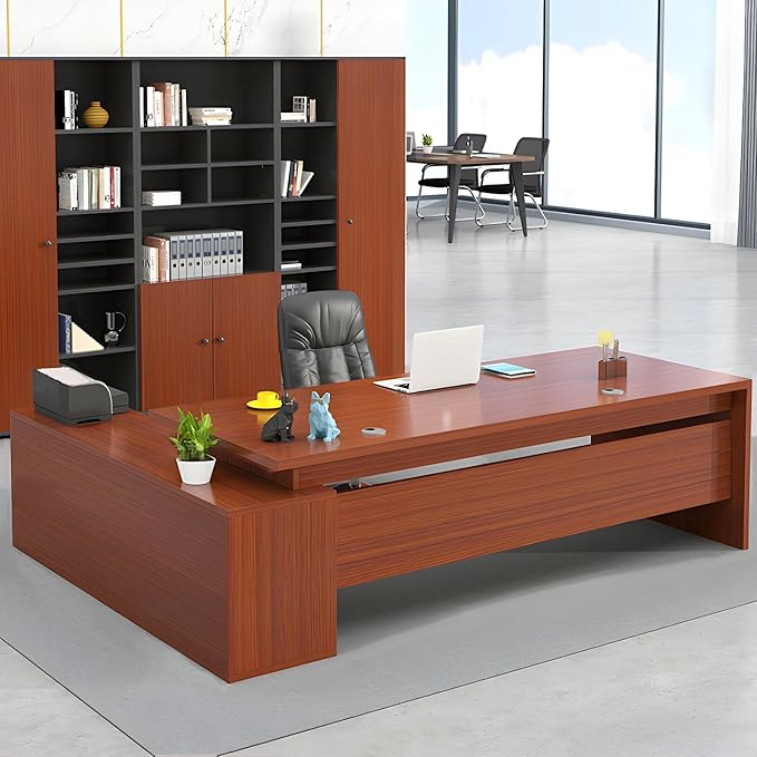 LITFAD Modern L-Shape Office Desk with Wood Base Executive Desks Boss Table Computer Desk Home Office Furniture with Drawers and Storage Shelves - Without Chairs 55.1" L x 23.6" W x 29.5" H Red