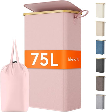 Lifewit 75L Slim Laundry Hamper with Lid, Narrow Laundry Basket with Removable Bag & Bamboo Handles, Fodable Thin Dirty Clothes Hamper for Laundry Collapsible Bin for Bathroom Bedroom Dorm, Pink