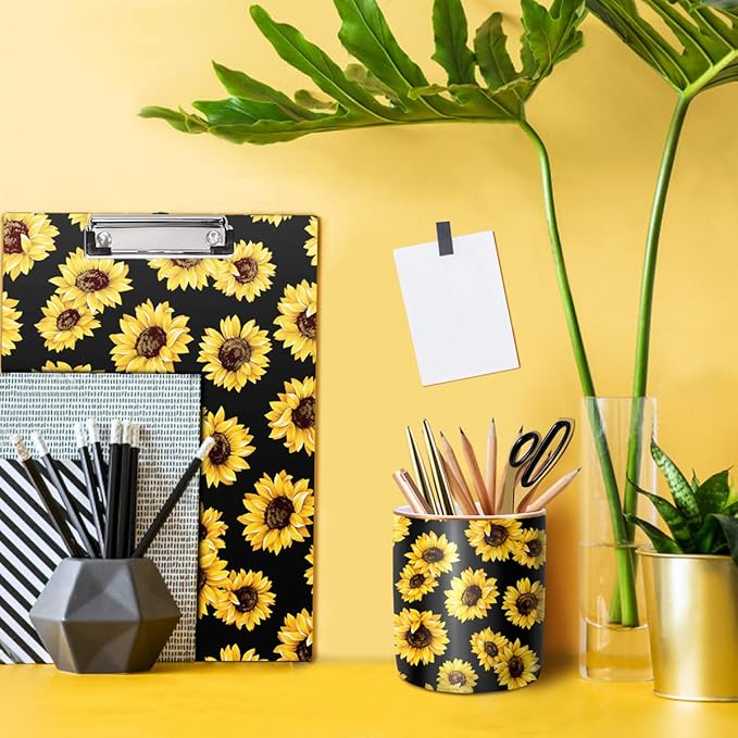 WAVEYU Pen Holder, Cute Pencil Holder for Desk, Makeup Brush Holder Floral Pattern, Pencil Cup for Girls Women, Durable Ceramic Desk Organizer Flower Decor for Office, Classroom, Sunflower