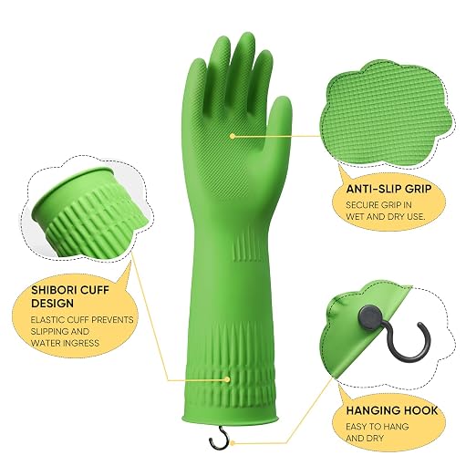 Rubber Gloves for Cleaning – 3 Pairs Reusable Gloves for Dishwashing, Kitchen and Household Tasks, 15-Inch Long (With Hook, XL(Fits Large Hands))