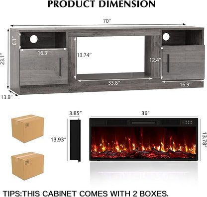 LEMBERI 70" Fireplace TV Stand for TVs up to 80", 36" Electric Fireplace 750W/1500W Entertainment Center with 20-Color LED, 300lbs Max Capacity High Gloss Storage Cabinet Console, Gray