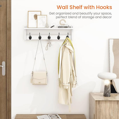 Homode Coat Rack with Shelf Wall Mount, 24 Inch Long Wall Shelf with Hooks Underneath, Wood Hanging Coat Hanger with Hat Shelves for Entryway, Bathroom, Mudroom, White