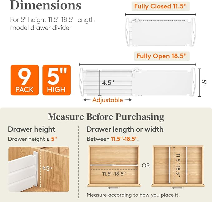 Lifewit 5" High 9 Pack Drawer Dividers, 11.5"-18.5" Adjustable Deep Drawer Organizer Clothes, Expandable White Plastic Separators for Dresser, Kitchen, Cabinet, Nursery, Office Organization & Storage