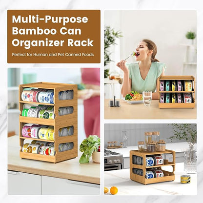 Teamkio Stackable Bamboo Cat Food Organizer, 2-Tier Adjustable FIFO Can Dispenser Space-Saving Storage, Holds Up to 36 Cans - Ideal for Pantry, Cabinet, Countertop