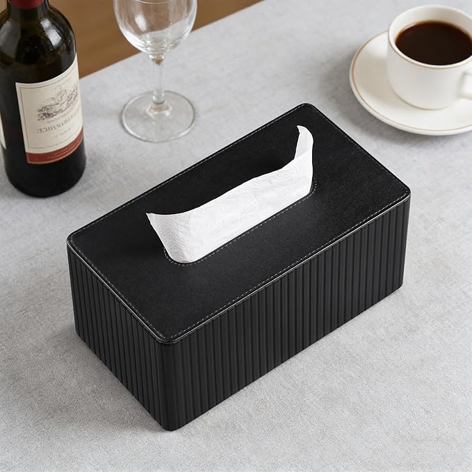 MEIBOOCH PU Leather Tissue Box Cover for 120(3-Ply)/ 160(2-Ply) Count Box of Tissues, Rectangle Tissue Box Holder for Bathroom Bedroom Living Room Office (Black Stripe)