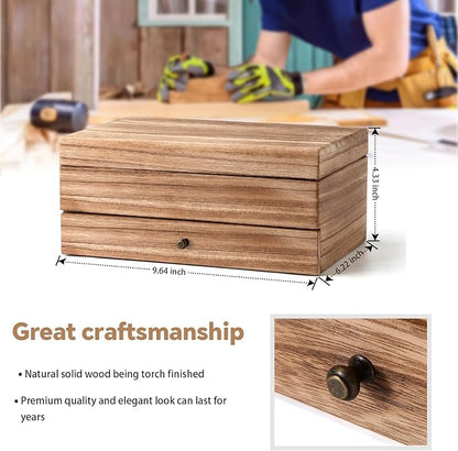 Meangood Jewelry Box Organizer for Women, 2 Layer Large Jewelry Storage Case, Rustic Wooden Jewelry Box with Mirror & Ring Tray for Necklace Earring Bracelets Rings, Vintage Style (Torched Wood)