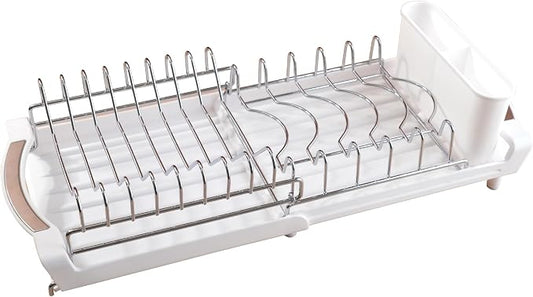 Dish Drying Rack Compact Expandable - A Space-Saving, Stainless Steel, Rust-Resistant Dish Drainer for Kitchen and Apartment Countertops/Sink Cabinets, Extendable from 11.42 to 19.9 inches (White)