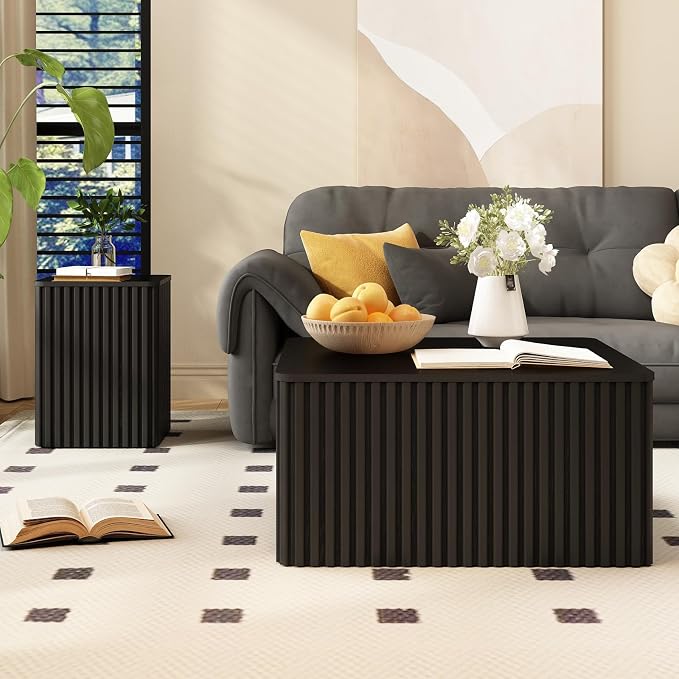 Fluted Square Coffee Table with Storage, Large Wood Center Table with Solid Wood Veneer Top, Mid Century Modern Low Coffee Table for Living Room, Black
