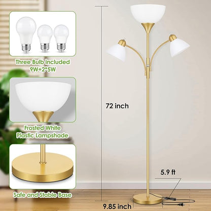 Floor Lamp for Living Room,72" Dimmable Torchiere Lamp with 2 Reading Lights for Bedroom, Gold Tall Standing Room Lamp, 3 Bulbs Included