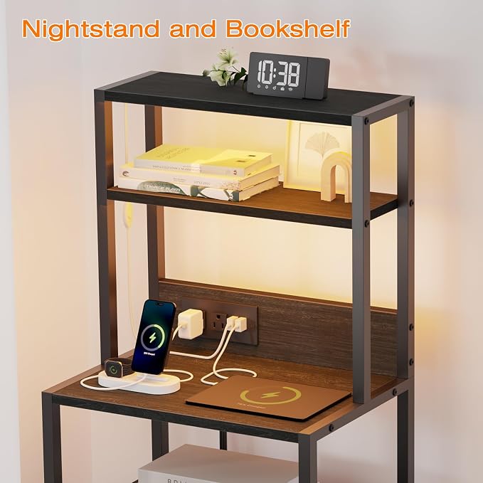 Furnulem Night Stand, Tall Nightstand with 4-Tier Shelves, 2 Fabric Drawers and Led Lights, Bed Side Tables with Charging Station, Bedside Table for Bedroom, Office, Black Oak | 4-Tier Shelves
