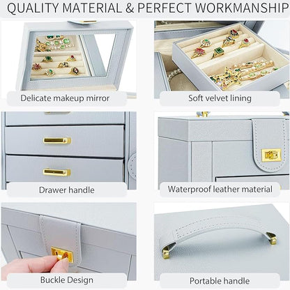 AKOZLIN Functional 6-Tier Jewelry Box Organizer with 5 Drawers Leather Jewelry Storage Case for Women Girls Ring Necklace Earring Bracelet Holder Organizer with Mirror Grey