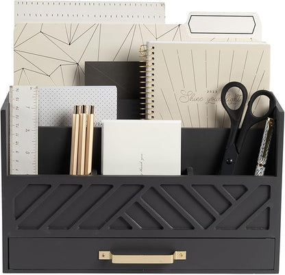 BLU MONACO | Wooden Mail Organizer with Drawer Gold Handle | Mail Sorter Organizer Countertop and Outgoing Mail Holder | Tabletop Organizer with Drawers Grey Desk Storage