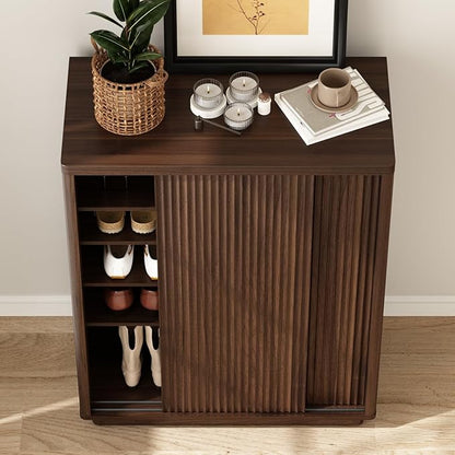 Fluted Shoe Cabinet with Sliding Door Set of 2, 6-Tier Large Hidden Storage Organizer Modern Shoe Rack with Adjustable Shelves, Mid Century Freestanding Wooden Shoe Storage Cabinet for Entryway,Walnut
