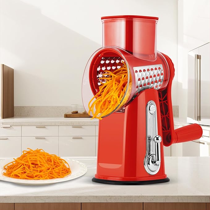 SUSTEAS Rotary Cheese Grater with Handle - Vegetable Shredder with 5 Well-designed Blades & Strong Suction Base,Round Mandoline Slicer & Food Chopper for Kitchen,with Blade Storage Box(Red)