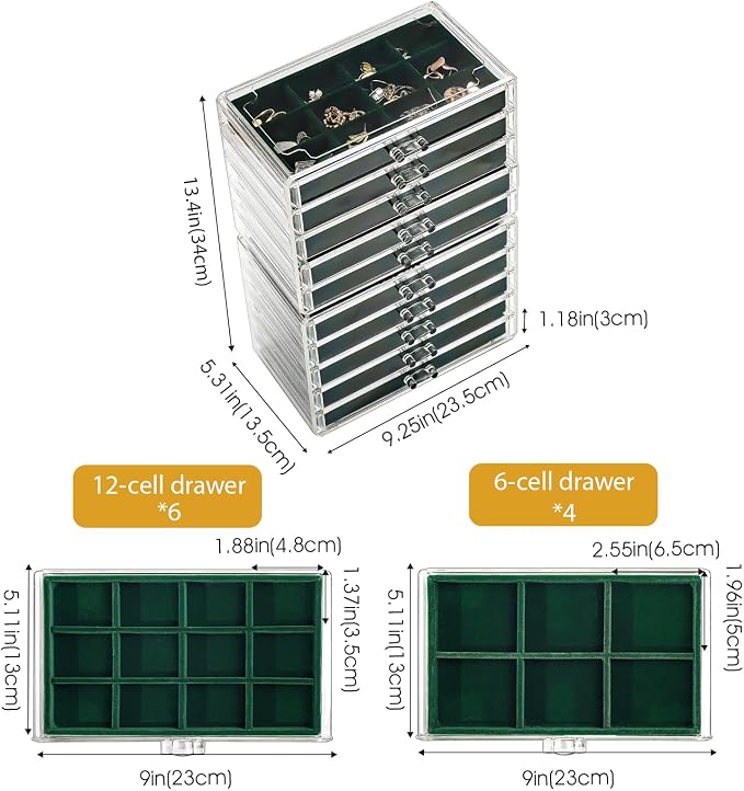 ProCase Earring Holder Organizer Jewelry Box with 10 Drawers, Acrylic Clear Earring Case with Adjustable Velvet Trays for Women - Emerald,10 Layers