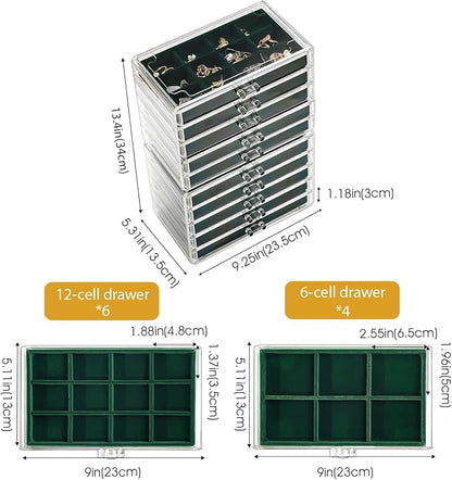 ProCase Earring Holder Organizer Jewelry Box with 10 Drawers, Acrylic Clear Earring Case with Adjustable Velvet Trays for Women - Emerald,10 Layers