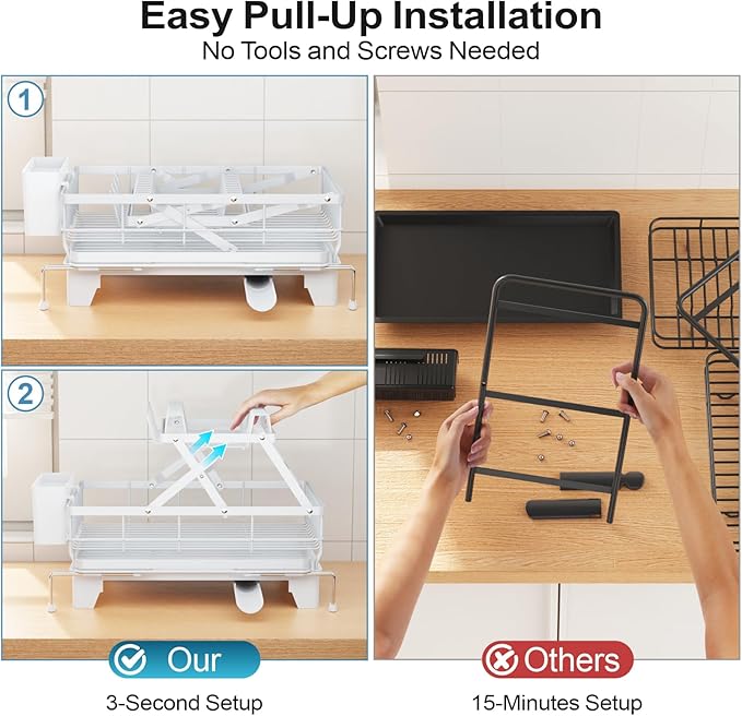 GSlife Large Dish Drying Rack 2 Tier, Expandable Kitchen Dish Drainer for Pots and Pans, 360° Swivel Spout, Rust-Resistant Metal Dish Rack with Utensil & Cup Holder, 16.9" W x 14.4"-22.4" L, White