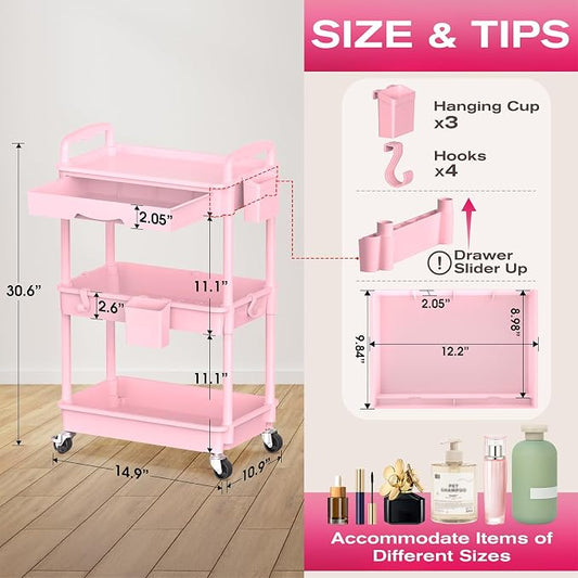 Goovilla Rolling Makeup Organizer Cart with Removable Drawer, 3 Tier Stable Pink Floor Skincare Storage Cart for Vanity, Cosmetic Display, Nail Polish, Perfume, Hair Stuff, Beauty, Bathroom(Plastic)