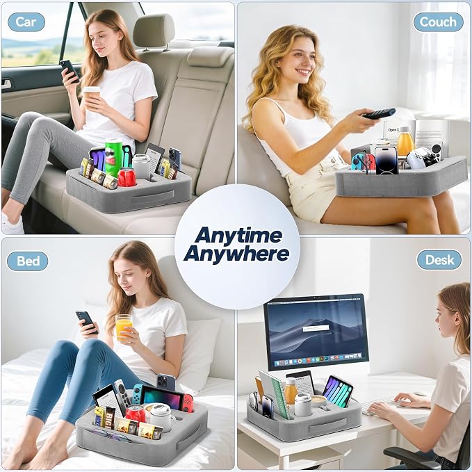 Couch Cup Holder Tray, Couch Caddy for Drink, Snack, Phone, Remote, Ipad, Game Controller, Large-size Sofa Cup Holder for Bed, Sofa, Car, Desk, Gray