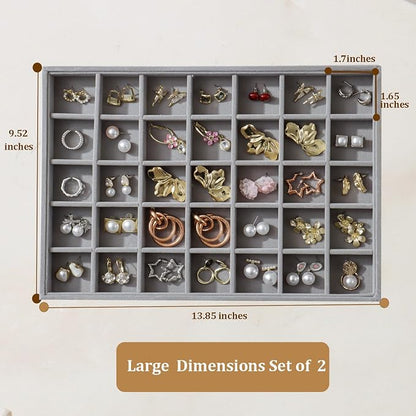Large Velvet Jewelry Tray 2 Pack Stackable Jewelry Display Drawer Inserts Trays Organizer for Earring Bracelet Necklace Ring (Gray, 35 Grids)