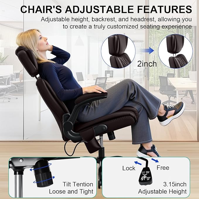 VANSPACE Executive Office Chair with Adjustable Lumbar Support and Headrest 440lbs Ergonomic Computer Chair Comfy High Back Swivel Rolling Office Chair with Flip-up Arms for Heavy People(Brown)
