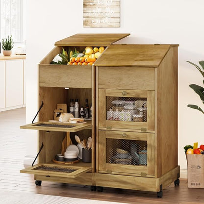 Potato and Onion Storage Bin with Wheels, 3 Tier Wooden Potato Storage Cabinets with Mesh Doors, Farmhouse Movable Fruit and Vegetable Box, Wood Bread Box for Kitchen (Brown)