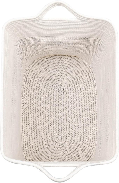 Laughbird Storage Baskets for Clothes Fabric Cotton Rope Storage Basket with Handles, Decorative Woven Basket for Living Room,Closet Organizer Blankets, and 2bags (White/Black Line, L17.8×W12.5×H17.9)