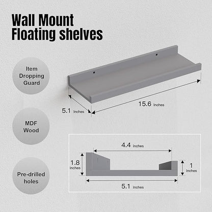 RICHER HOUSE 3 Set Floating Shelves for Wall, 16 inches Wall Mounted Shelves with Lip for Storage, Display Picture Ledge Shelf for Bedroom Bathroom Kitchen Living Room Decor, Modern Grey