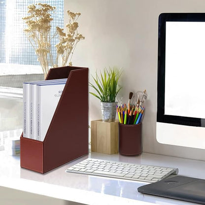 Office Supplies PU Leather 6-Piece Desk Organizer with Writing Pad, Letter Tray, File Folder Sorter, Pen Cup, Note Holder, Business Card Holder - Brown