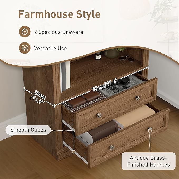 Farmhouse Arched Bookshelf Set of 2, 7 Tiers Arch Bookcase with 2 Spacious Drawers, Modern Book Shelf with Open Display Shelves and Storage Cabinet, for Office, Living Room, Kitchen, Walnut