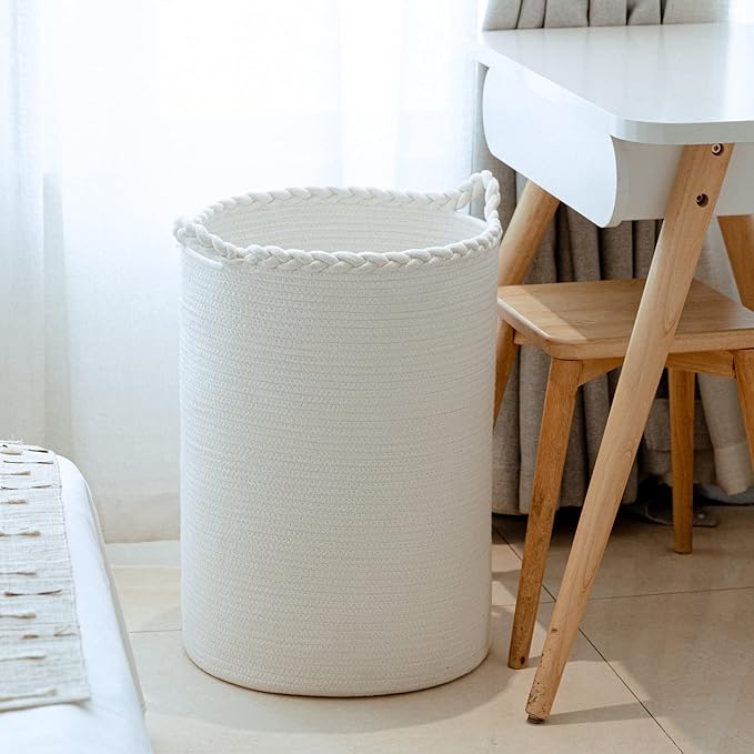 72L Woven Laundry Hamper,Cotton Tall Wicker Laundry Basket for Blankets,Clothes,Pillows,Toys,Shoes Large Laundry Bin White