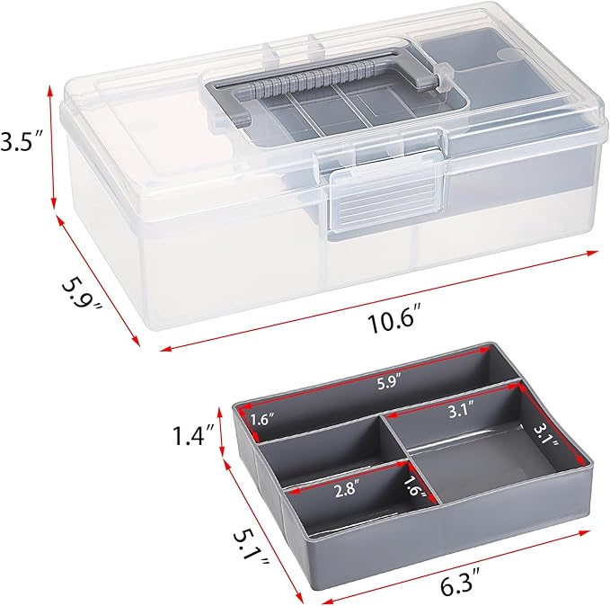 JUXYES 2 Pack Plastic Carry Storage Box with Removable Dividers, Clear Art Craft Supply Storage Bin Sewing Box with Handle Lid, 2 Layers Stationery Storage Case for School/Office Supplies Gray