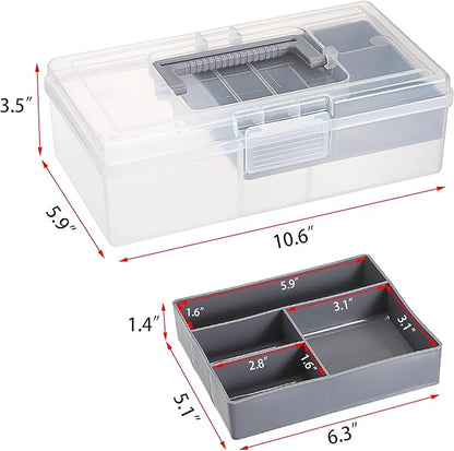 JUXYES 2 Pack Plastic Carry Storage Box with Removable Dividers, Clear Art Craft Supply Storage Bin Sewing Box with Handle Lid, 2 Layers Stationery Storage Case for School/Office Supplies Gray