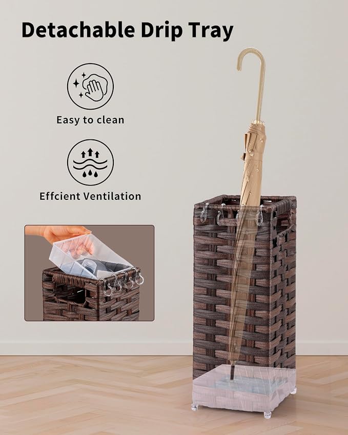 Rattan Umbrella Stand, Umbrella Holder for Entryway, Hand Woven Umbrella Rack Organizer Freestanding, with a Detachable Drip Tray, 4 Hooks, 6.5" L x 6.5" W x 16.5" H, Brown