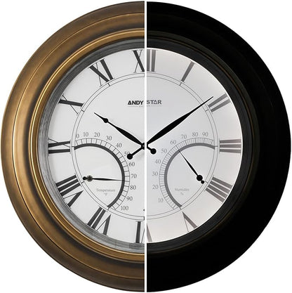 ANDY STAR 24 Inch Outdoor Clocks Waterproof,Large Outdoor Wall Clocks for Patio with Thermometer Combo, Illuminated Indodor Metal Clock Battery Operated Non Ticking, House Warming Gifts Gold Finish