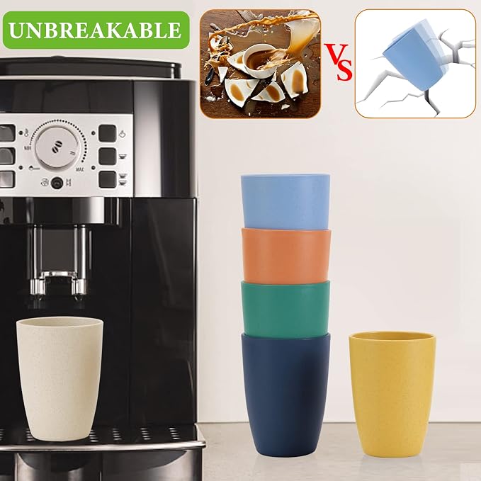 Mfacoy Wheat Straw Cups Set of 6, 12 oz Unbreakable Drinking, Reusable, Stackable Tumbler, Colourful Water Cup Set for Kitchen, BPA Free, Dishwasher & Microwave Safe, with 6 Colors Cups