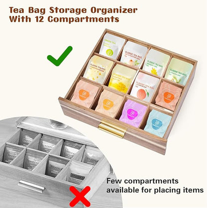 NANXITU Acacia Wood Tea Holder Organizer,Tea Box Organizer Storage Box,Tea Caddy for Tea Bags Organizer Drawer,with12 Compartments Multi-Functional Tea Station Chest for Countertop
