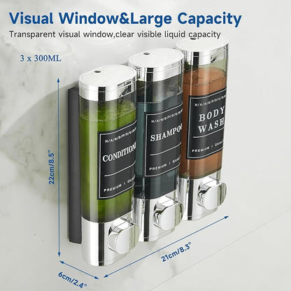 Shower Shampoo Dispenser 3 Chamber No Drill Wall-Mounted,Shampoo and Conditioner Dispenser Shampoo for Shower Wall Mounted Body Wash for Bathroom,Chrome